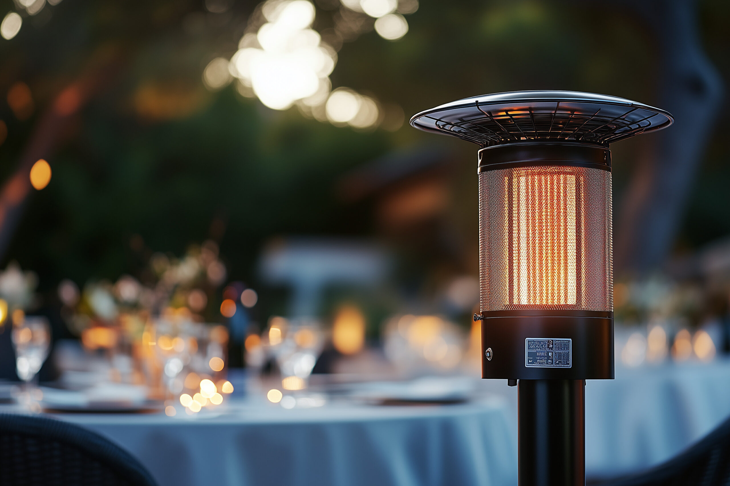 Heizpilz Gas sorgt für warme Atmosphäre auf der Terrasse bei Abenddämmerung