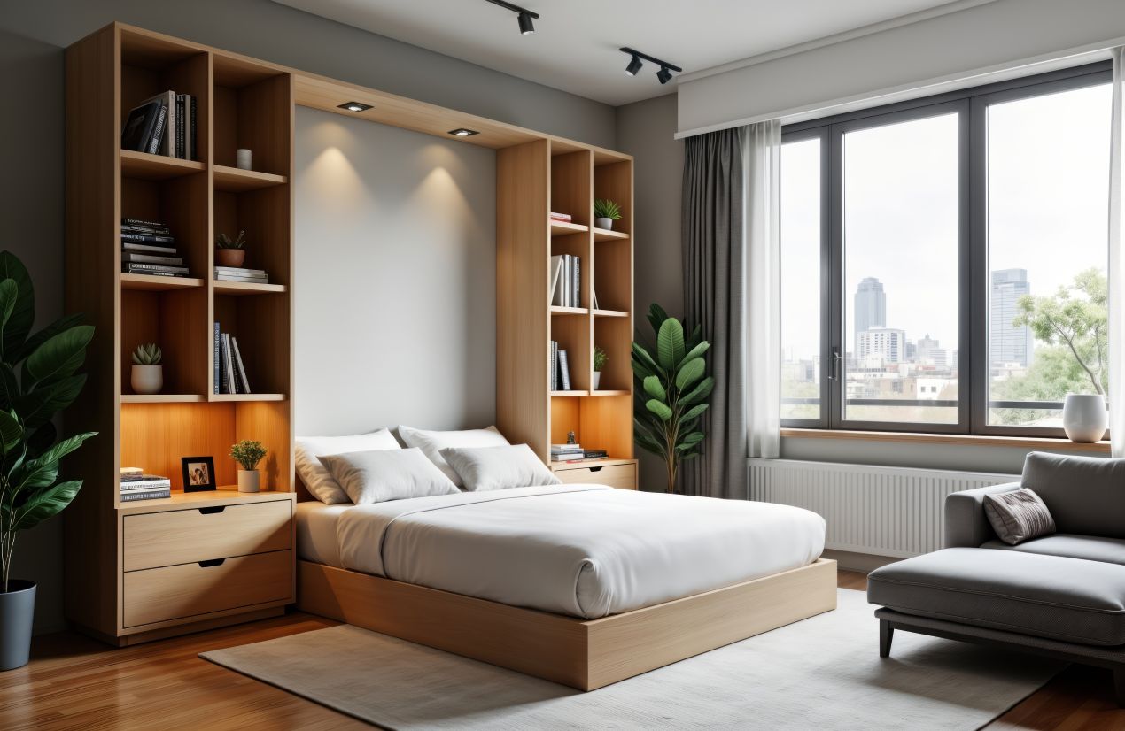 Modernes Schrankbett mit integrierter Regalwand in heller Stadtwohnung mit Ausblick