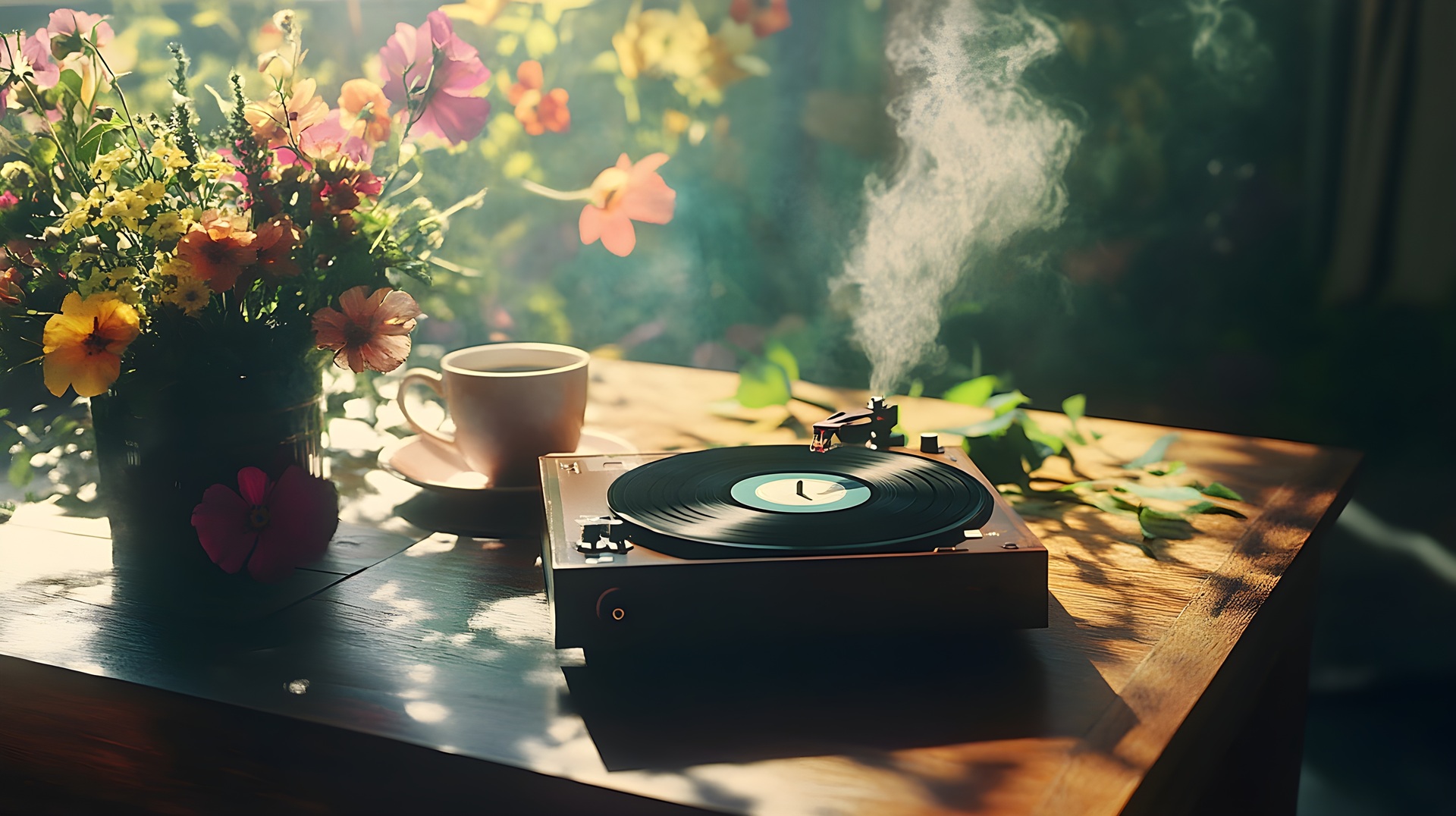 Retro-Plattenspieler neben Blumen und Kaffeetasse | Dias digitalisieren

